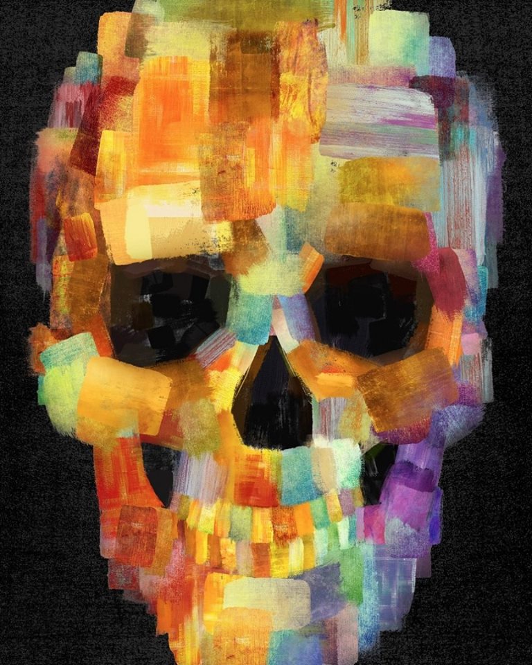 "Skull Grunge Paint Black" Bunter Schädel auf dem schwarzen Hintergrund